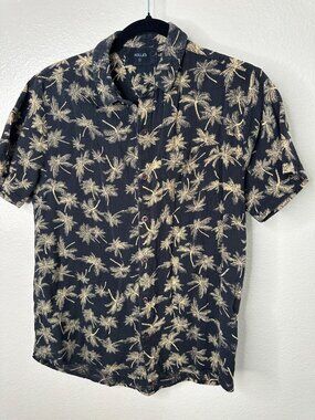 Rolla's Mens Black Palm Tree Print Button-Up Short Sleeve Shirt Small Cotton